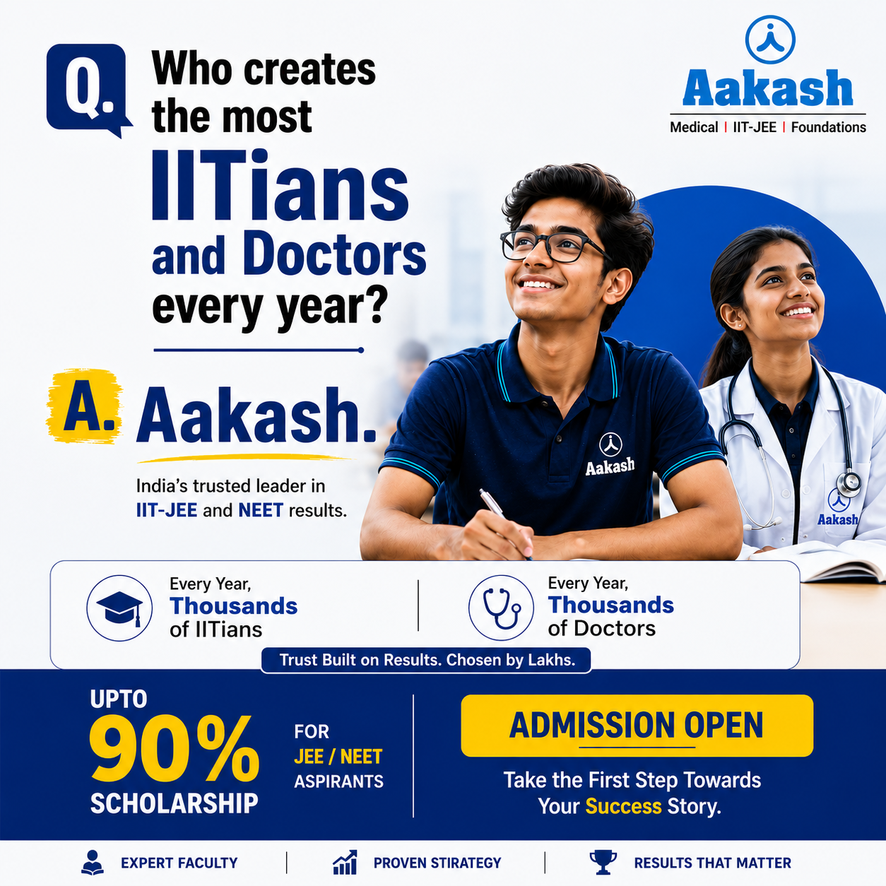 Aakash — India's trusted leader in IIT-JEE and NEET results. Up to 90% scholarship. Admissions open.